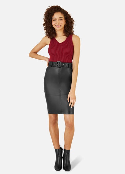 Yumi Black Faux Leather Midi Pencil Skirt With Matching Belt