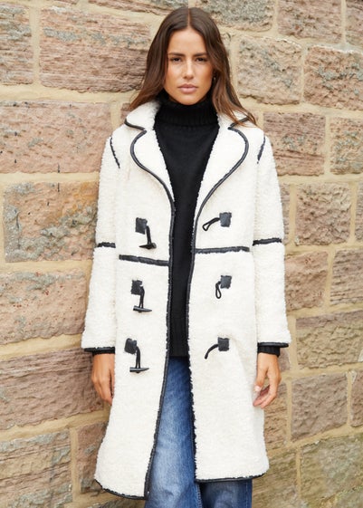 Threadbare Natural Cloud Longline Borg Toggle Coat With PU Trim