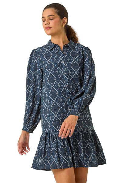 Roman Teal Geometric Print Button Detail Shirt Dress