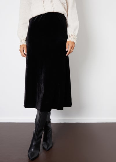 Threadbare Black Flora Velvet Flared Pull On Midi Skirt