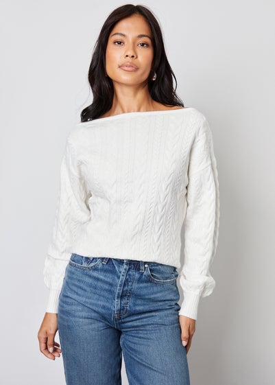 Threadbare Stone Mable Slash Neck Cable Knit Jumper