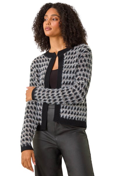 Roman Black Textured Pattern Fluffy Knit Cardigan