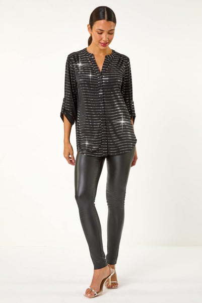 Roman Black Dotted Foil Print Stretch Blouse