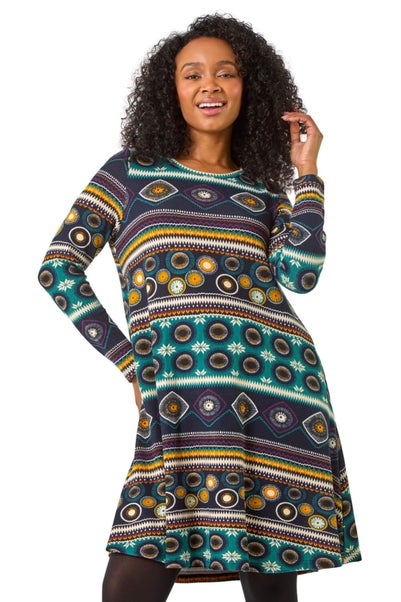 Roman Navy Petite Nordic Print Swing Stretch Dress