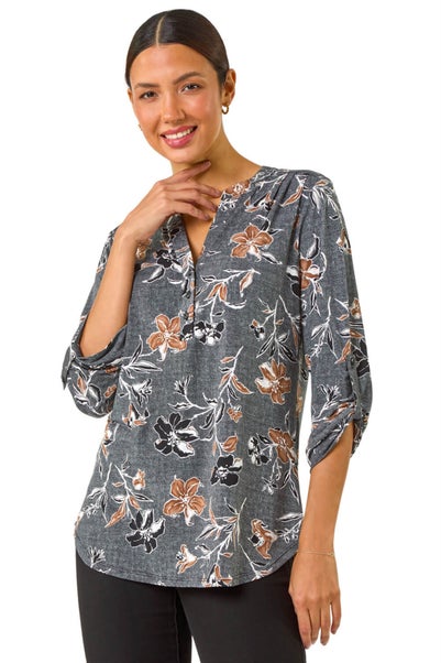Roman Dark Grey Floral Textured Print Stretch Blouse