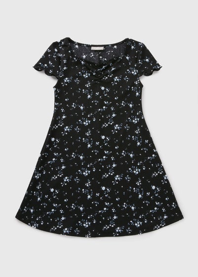 Girls Black Floral Ruched Dress (7-15yrs)