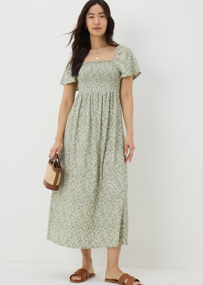 Sage Green Ditsy Floral Shirred Midi Dress