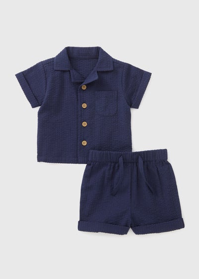 Boys Navy Woven Shirt & Shorts Set (Newborn-23mths)