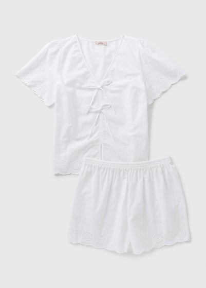 White Tie Front Broderie Pyjama Set