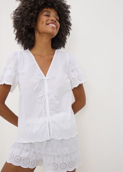 White Tie Front Broderie Pyjama Set