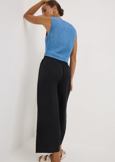 Black Wide Leg Cropped Linen Blend Trousers