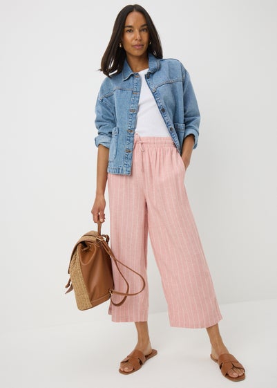 Pale Pink Linen Blend Stripe Wide Leg Cropped Trousers