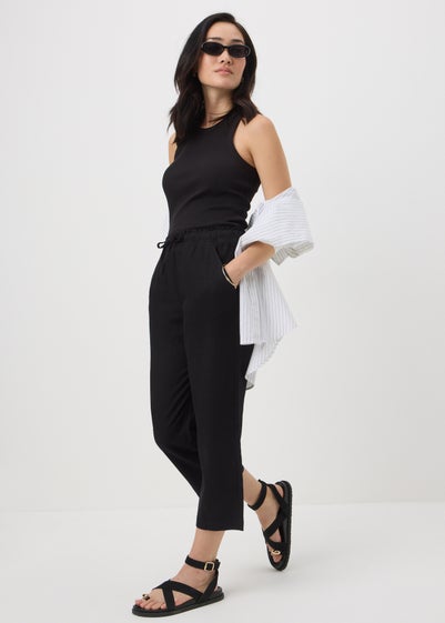 Black Linen Blend Cropped Tapered Trousers
