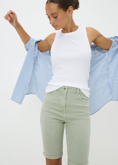 April Green Denim Knee Shorts