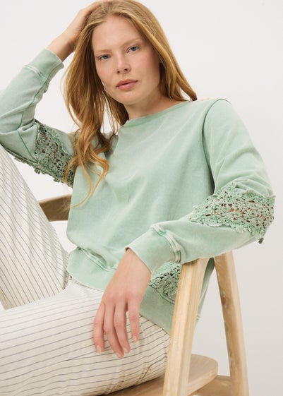 Sage Green Acid Wash Broderie Detail Sweatshirt