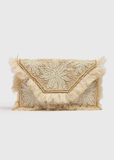 Cream Beaded Clutch Bag