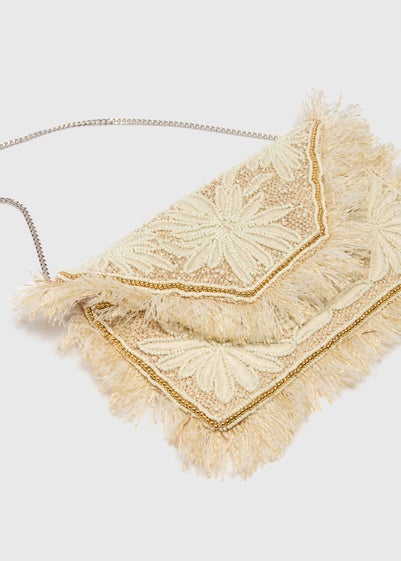 Cream Beaded Clutch Bag