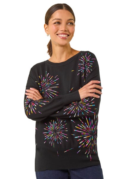 Roman Black Crew Neck Burst Foil Print Jumper