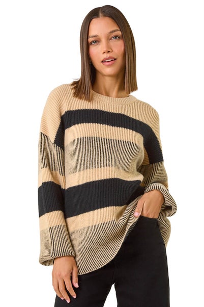 Roman Camel Colour Block Striped Knit Jumper