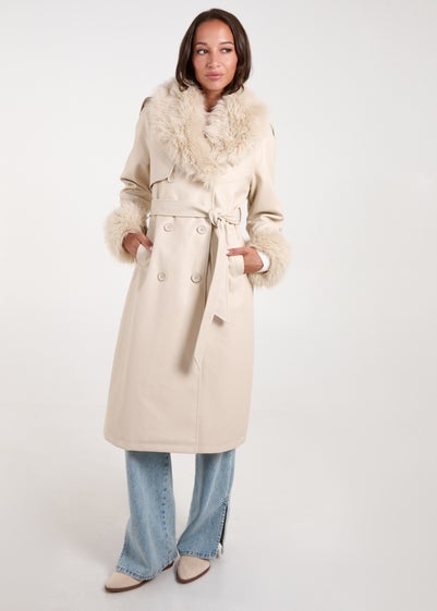 Blue Vanilla Stone Faux Fur Trim Double Breasted Pu Coat