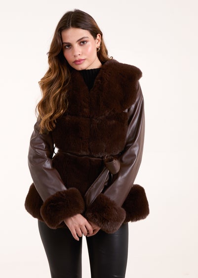 Blue Vanilla Chocolate Panel Fur PU Belted Coat