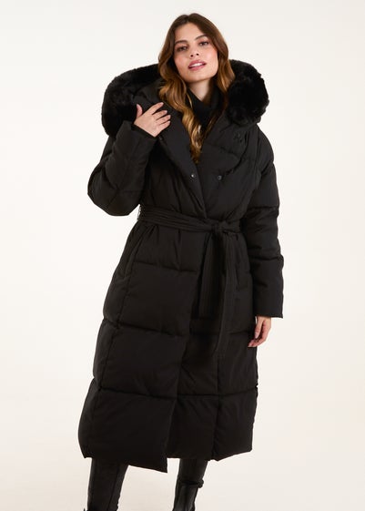 Blue Vanilla Black Quilted Puffer Coat With Fur Hood