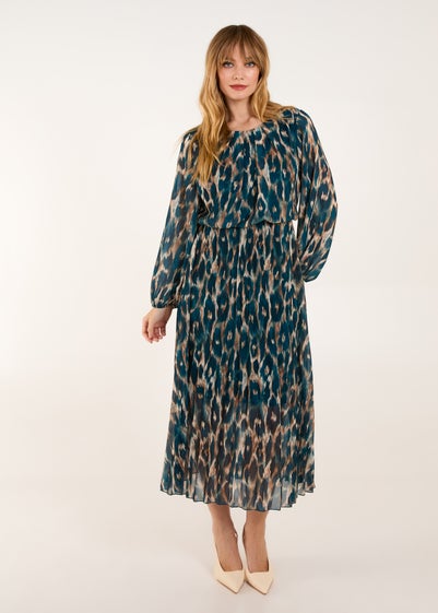 Blue Vanilla Teal Round Neck Pleated Abstract Leopard Dress