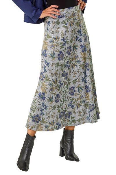 Roman Grey Abstract Floral Print Stretch Midi Skirt