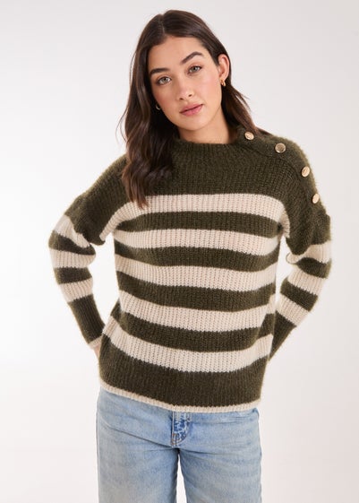 Pink Vanilla Khaki Stripe Fluffy Button Detail Jumper