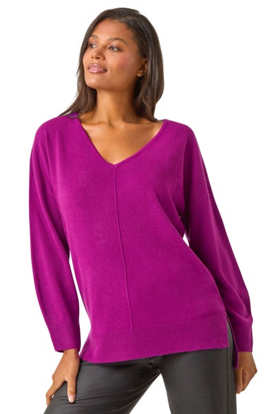 Roman Plum Soft V-Neck Side Split Knit Sweater
