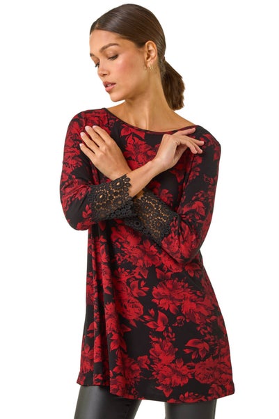 Roman Red Floral Print Lace Trim Stretch Top