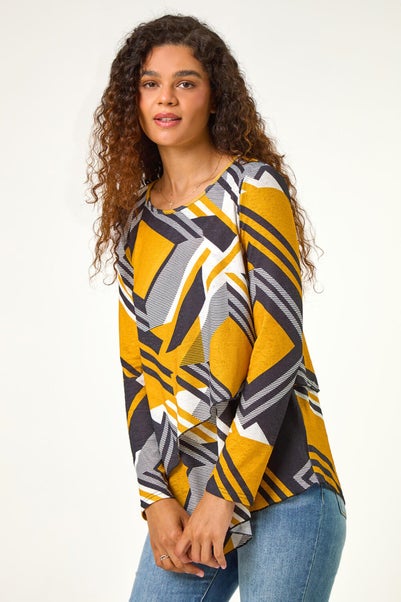 Roman Yellow Geometric Print Wrap Tunic Stretch Top