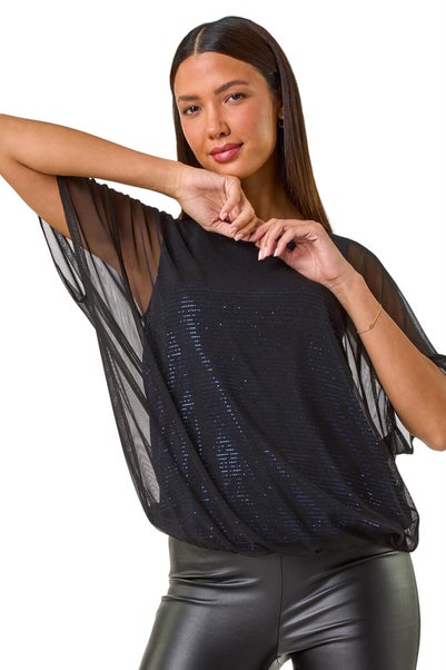 Roman Royal Blue Sequin Mesh Overlay Bubble Hem Top