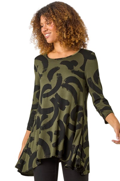 Roman Khaki Brush Print Hanky Hem Top