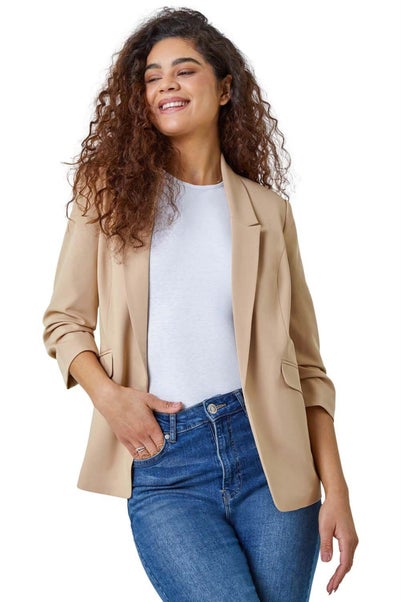 Roman Natural Ruched 3/4 Sleeve  Stretch Blazer Jacket