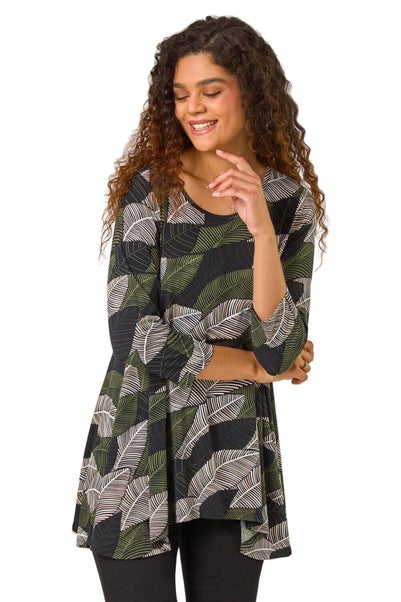 Roman Forest Green Stretch Textured Leaf Print Tunic