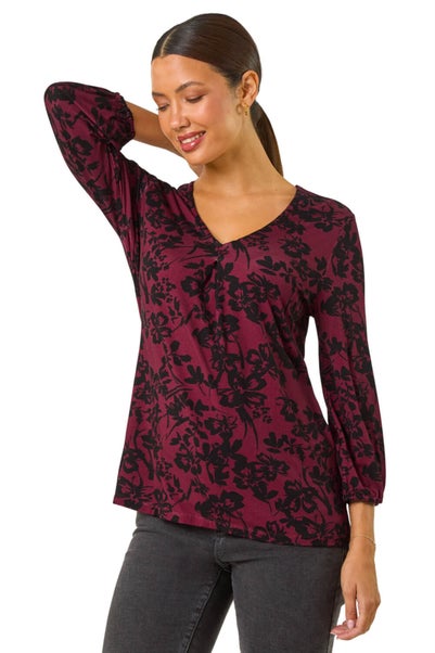 Roman Burgundy Floral Pleat Front Top