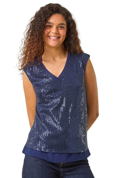 Roman Navy Sequin V-Neck Tunic Stretch Top