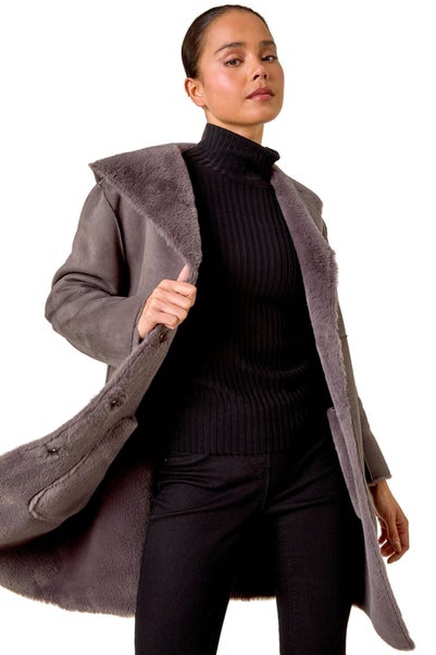 Roman Taupe Petite Faux Sheepskin Reversable Hooded Coat