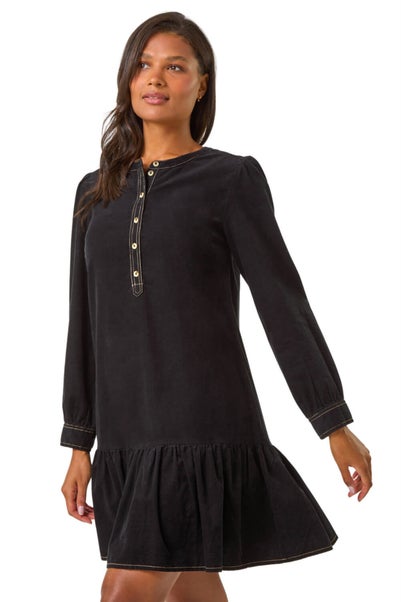 Roman Black Corduroy Button Detail A-Line Dress