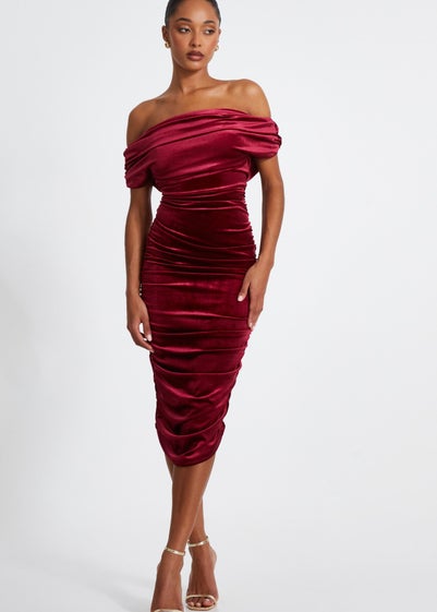 Quiz Red Velvet Ruched Midi Dress