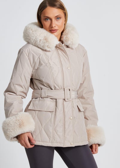 Quiz Stone Faux Fur Trim Jacket