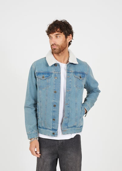 Brave Soul Light Blue Cotton Denim Jacket with Detachable Borg Collar