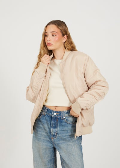 Brave Soul Stone Ruched Sleeve Oversized Bomber Jacket