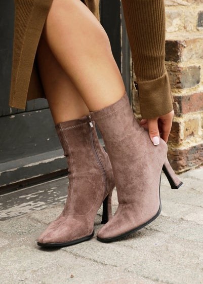 Linzi Noelle Mocha Suede Square Toe Heeled Sock Boot