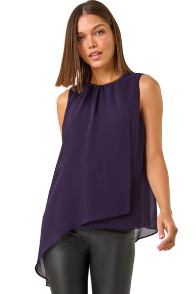 Roman Purple Neck Trim Asymmetric Woven Top