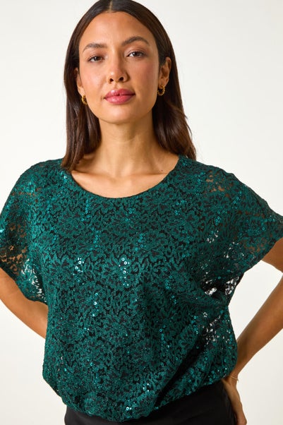 Roman Green Sequin Lace Overlay Stretch Top