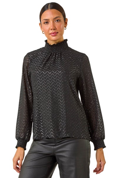 Roman Black Zig Zag Shimmer High Neck Top