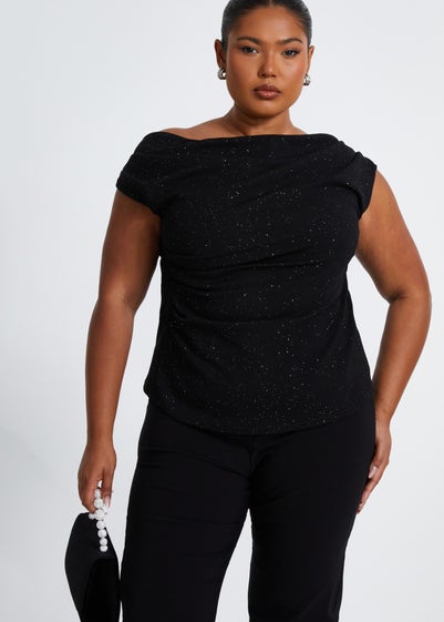 Quiz Black Curve Glitter Drape Neck Top