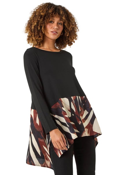 Roman Black 2 in 1 Abstract Print Chiffon Hem Top